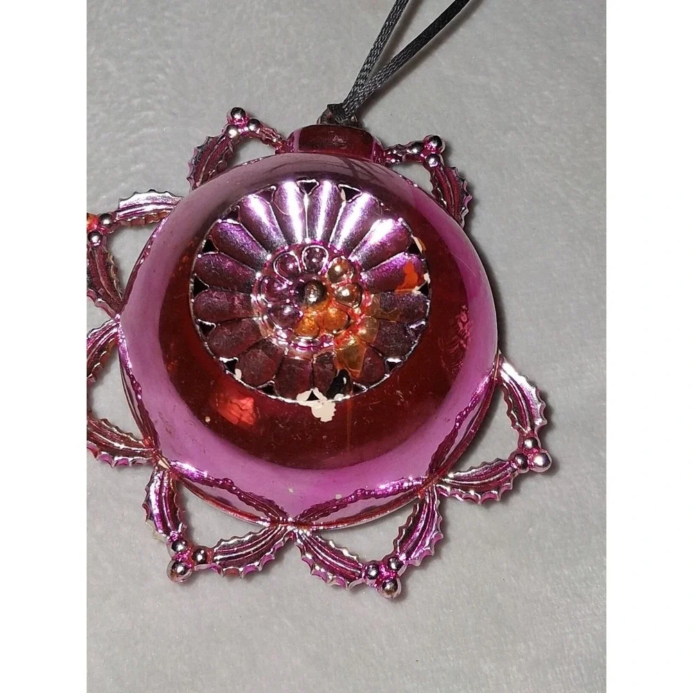Vintage Pink Glass Christmas Ornament Metal Filigree Floral Medallion 3